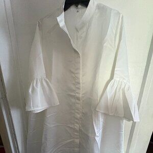 White women half short sleeve with ruffles and mid length with button front